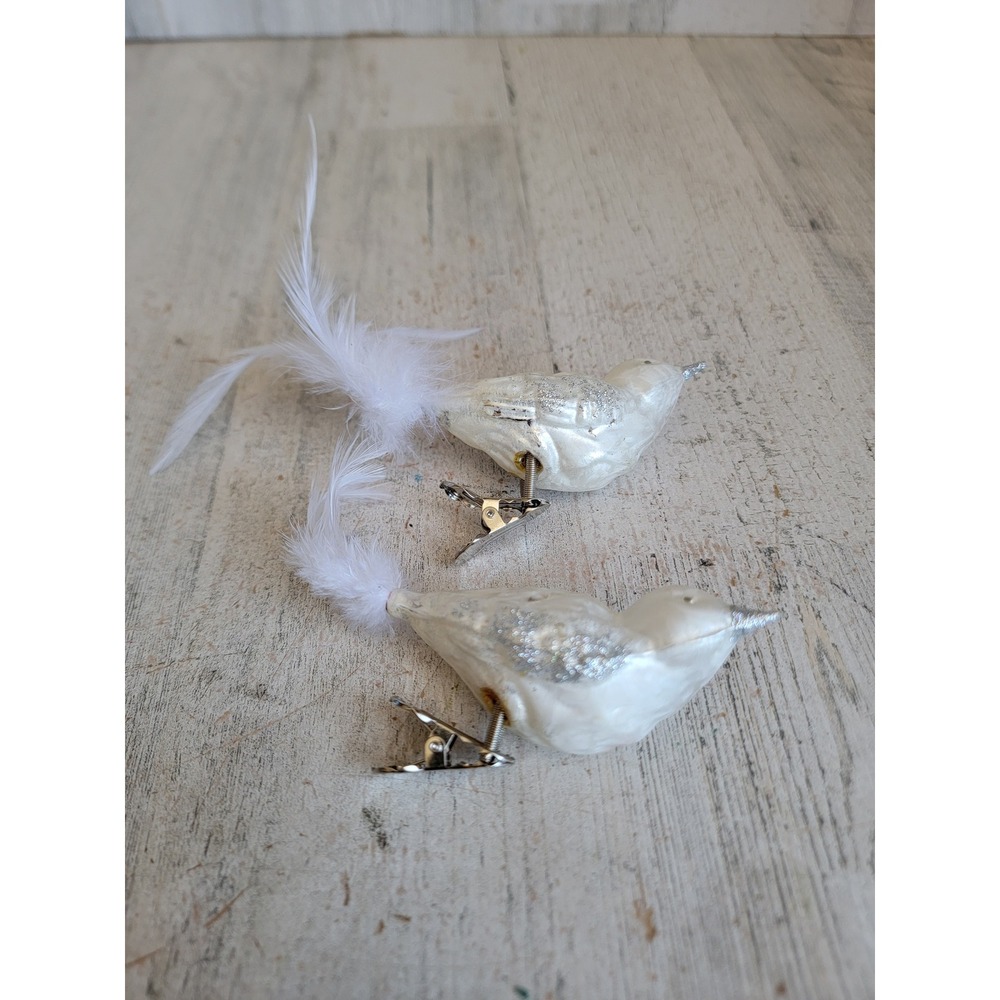 Rustic white glitter bird vintage clip-on glass ornament Xmas set unique home